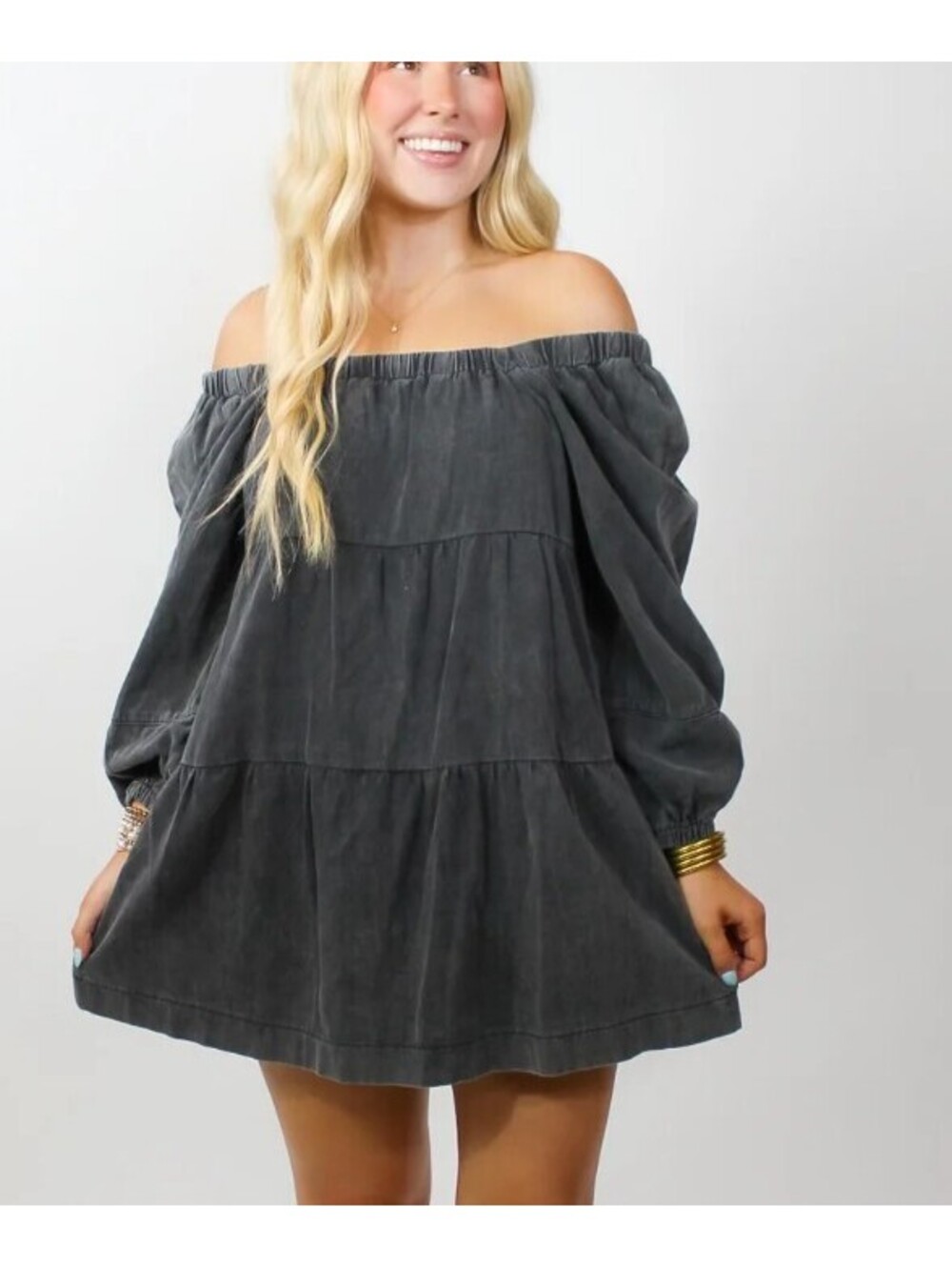 POL Boutique Black Acid Wash Tiered Mini Babydoll Off the Shoulder Dress; Small